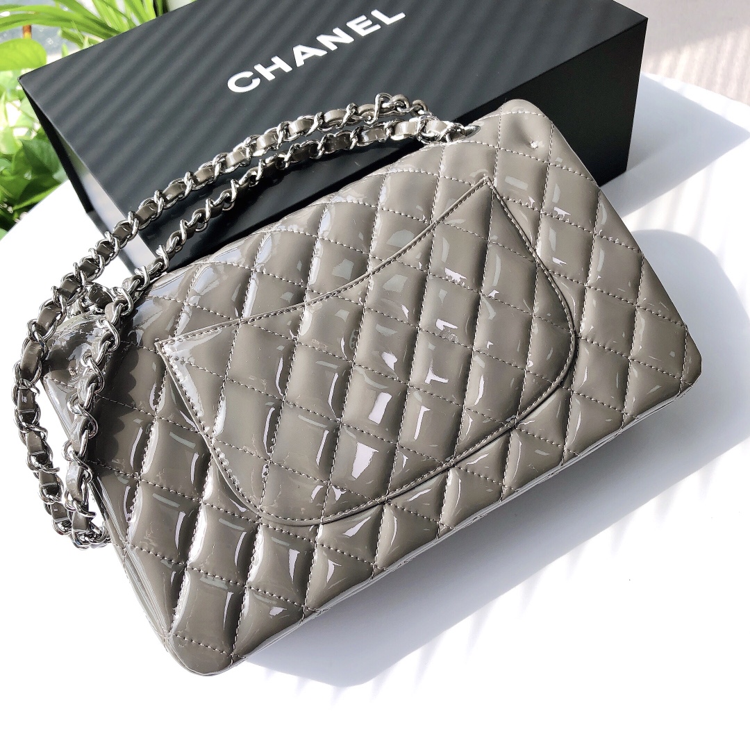 Bagsaaa Ch**el Flap Bag Gray Patent & Silver Hardware - 25x15x6cm