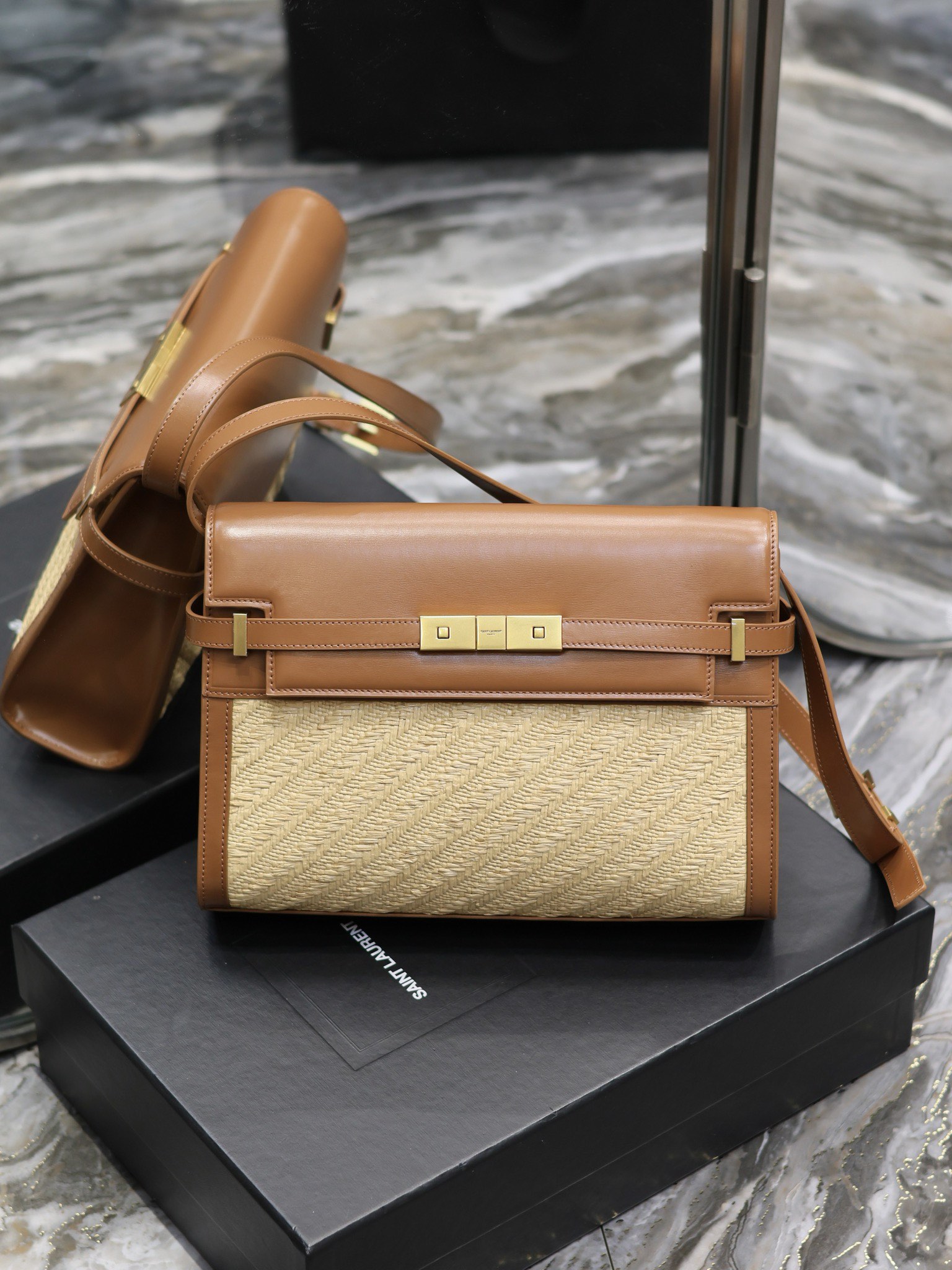 Bagsaaa Y51 Medium Manhattan Shoulder Bag Raffia & Brown Calfskin - 29 x 20 x 7.5 cm