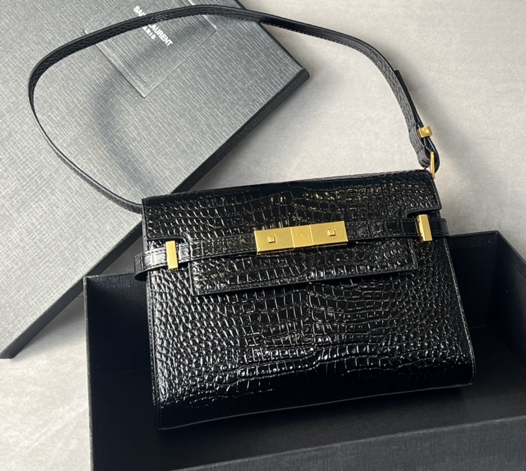 Bagsaaa Y51 Manhattan Small In Shiny Crocodile-Embossed Leather Black - 24 x 17.5 x 6 CM