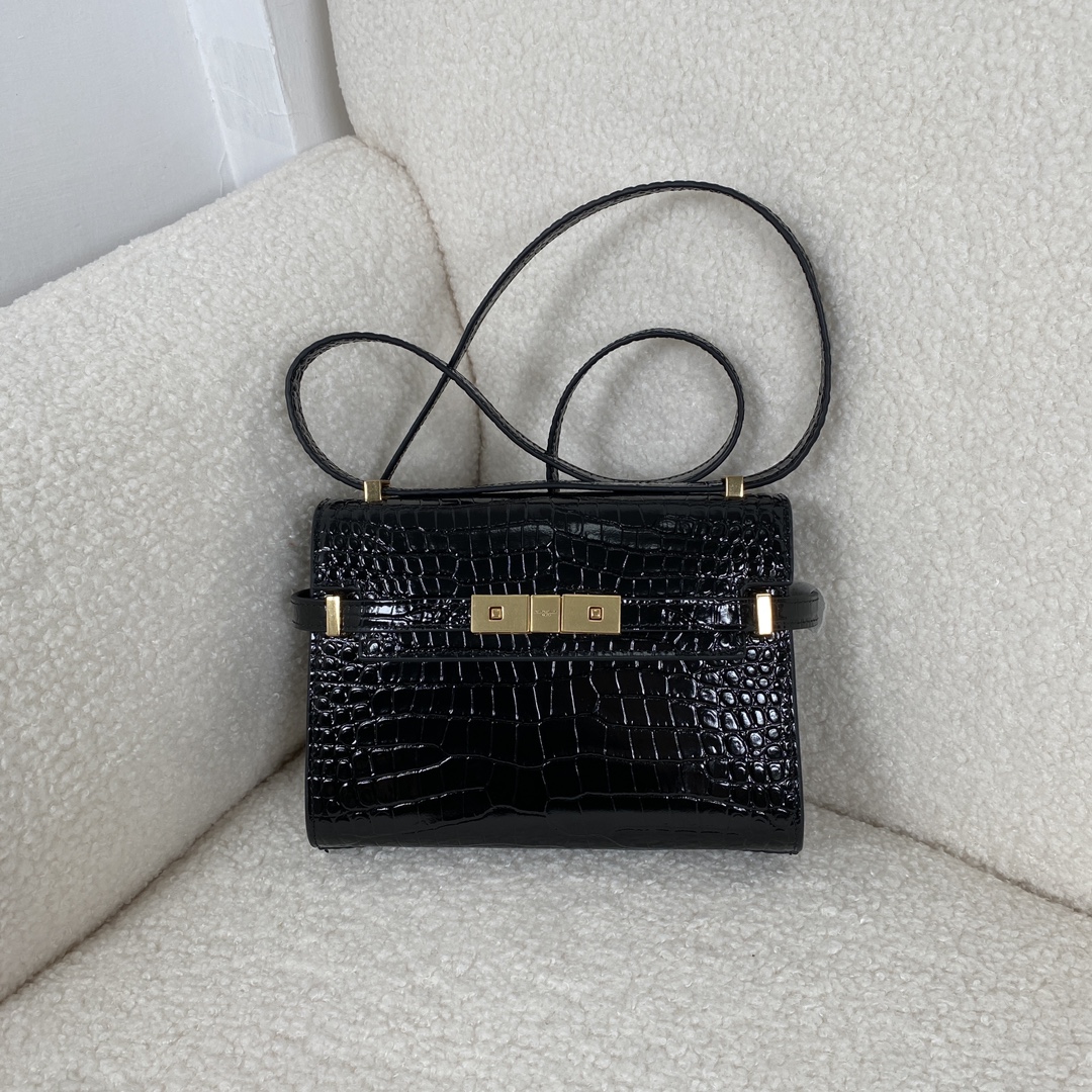Bagsaaa Y51 Manhattan Mini In Shiny Crocodile-Embossed Leather Black - 19 x 14 x 4 cm
