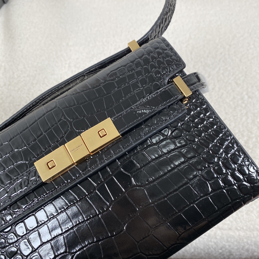 Bagsaaa Y51 Manhattan Mini In Shiny Crocodile-Embossed Leather Black - 19 x 14 x 4 cm
