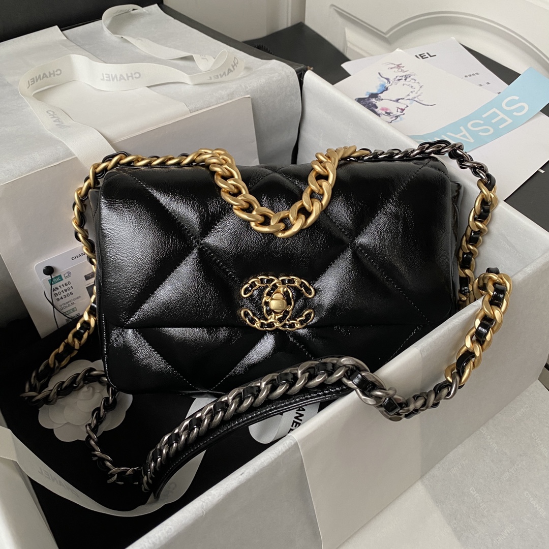 Bagsaaa Ch**el 19 Handbag AS1160 Black Shiny Lambskin - 16 × 26 × 9 cm