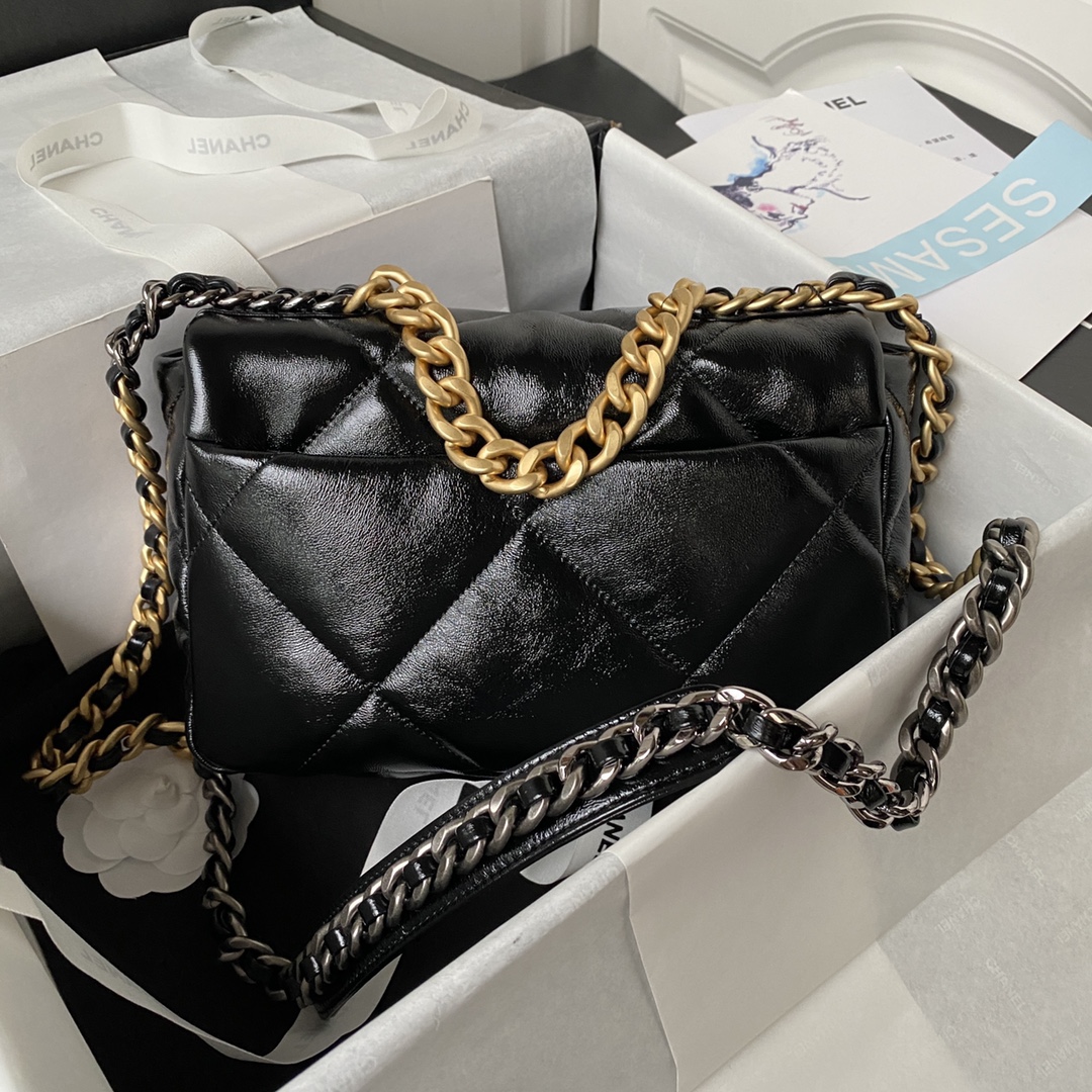 Bagsaaa Ch**el 19 Handbag AS1160 Black Shiny Lambskin - 16 × 26 × 9 cm