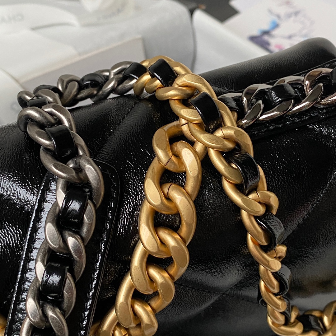 Bagsaaa Ch**el 19 Handbag AS1160 Black Shiny Lambskin - 16 × 26 × 9 cm