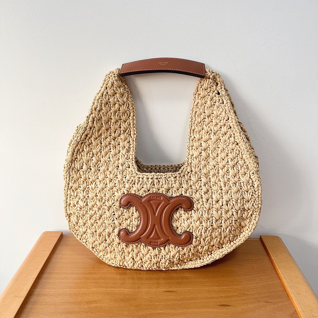 Bagsaaa Ce1i*e Classic Panier Hobo Bag in Raffia and Calfskin Brown - 33 x 16 x 4 CM