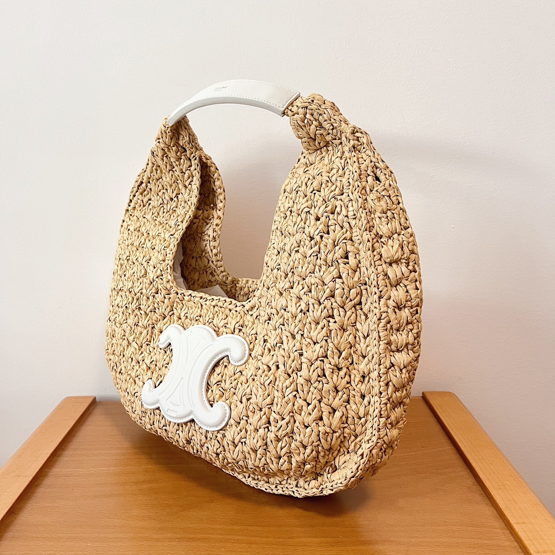 Bagsaaa Ce1i*e Classic Panier Hobo Bag in Raffia and Calfskin White - 33 x 16 x 4 CM