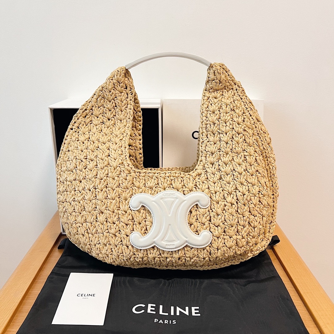 Bagsaaa Ce1i*e Classic Panier Hobo Bag in Raffia and Calfskin White - 33 x 16 x 4 CM