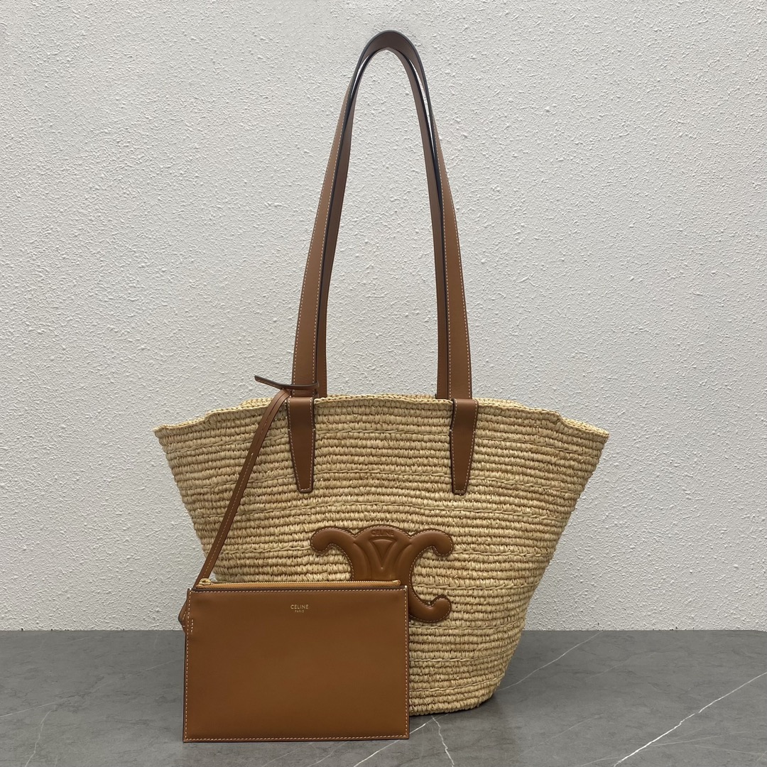 Bagsaaa Medium S*pple Ce1i*e Classic Panier in Raffia and calfskin Brown - 22 x 30 x 14 CM