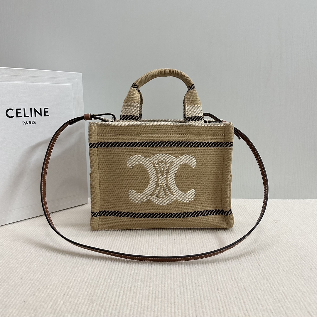 Bagsaaa Ce1i*e Small Cabas Thais In Black Striped Textile With Triomphe - 25.5 x 18.5 x 12 CM
