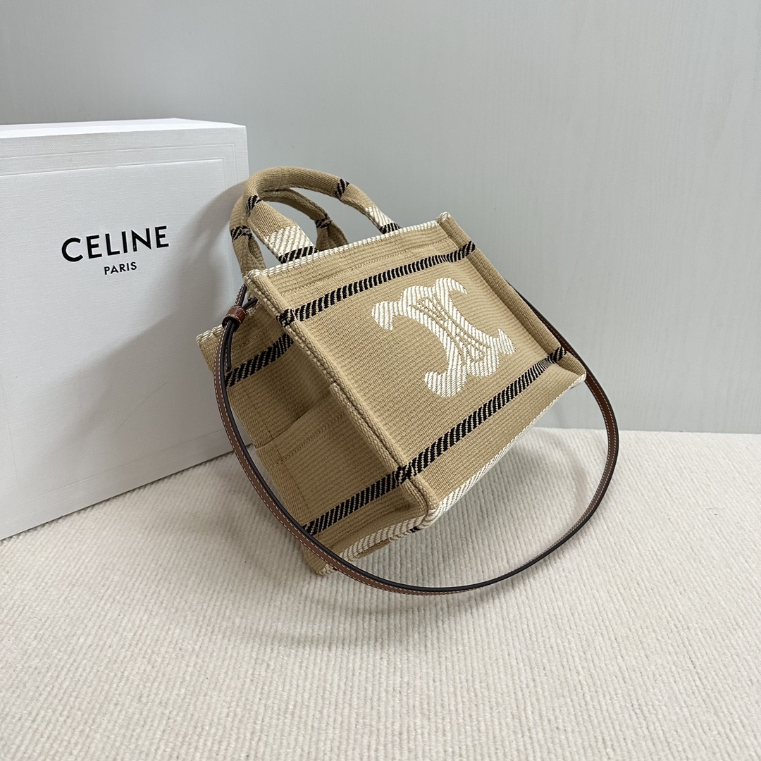 Bagsaaa Ce1i*e Small Cabas Thais In Black Striped Textile With Triomphe - 25.5 x 18.5 x 12 CM