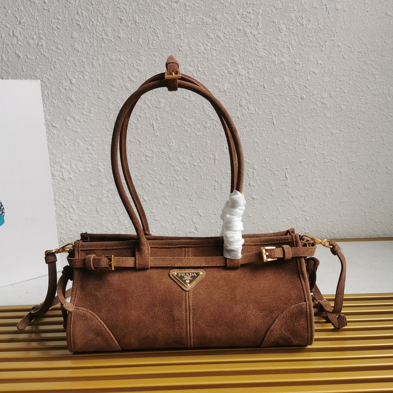 Bagsaaa Pra*a Medium suede handbag dark brown 1BA426 - 32x15.5x2cm