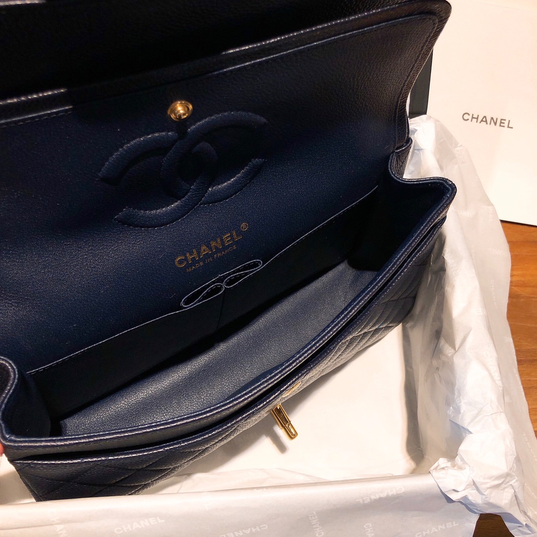 Bagsaaa Ch**el Flap Bag Navy Blue Caviar Gold - 15.5 × 25.5 × 6.5 cm
