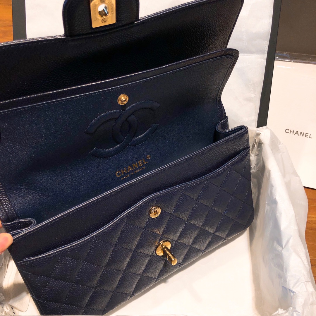 Bagsaaa Ch**el Flap Bag Navy Blue Caviar Gold - 15.5 × 25.5 × 6.5 cm