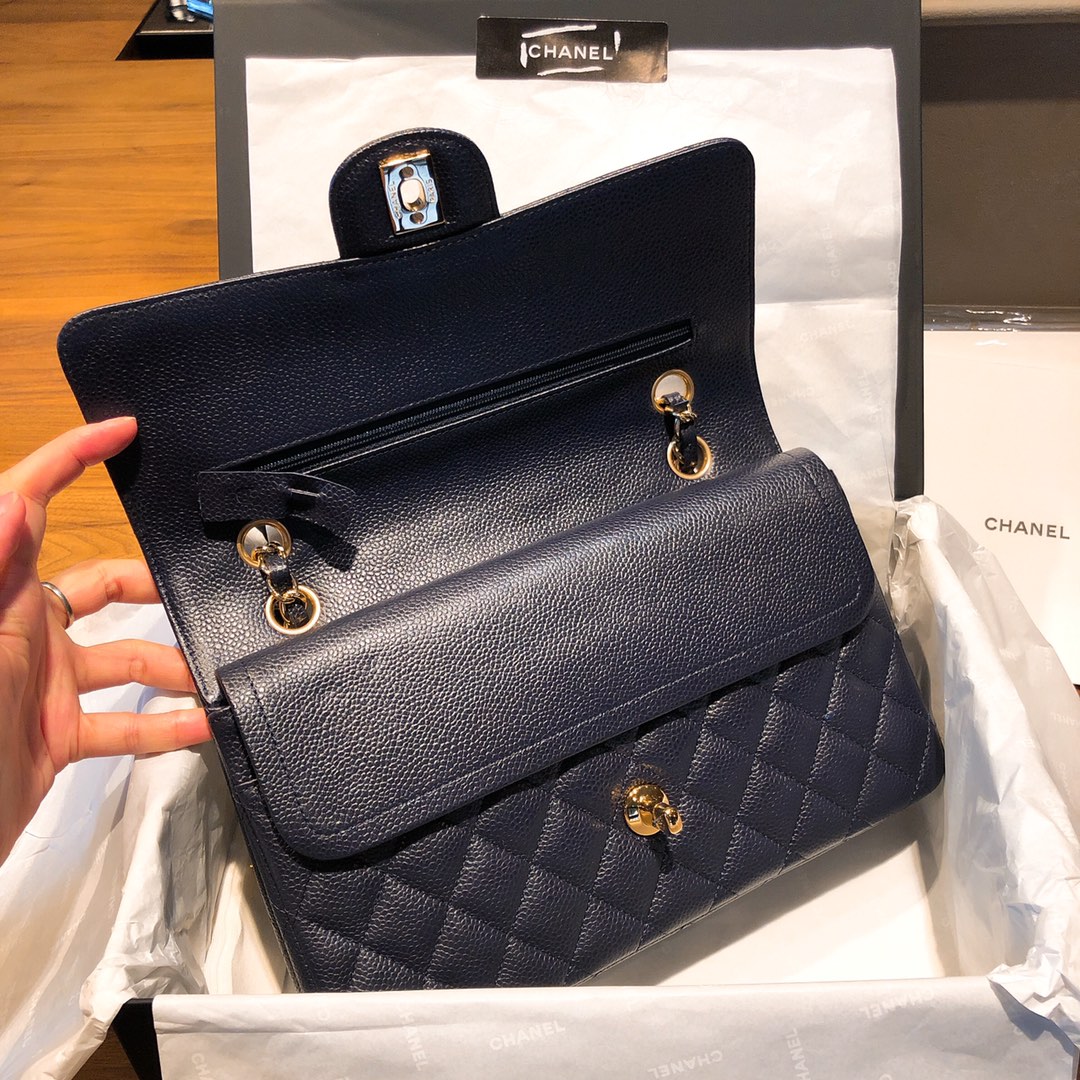 Bagsaaa Ch**el Flap Bag Navy Blue Caviar Gold - 15.5 × 25.5 × 6.5 cm