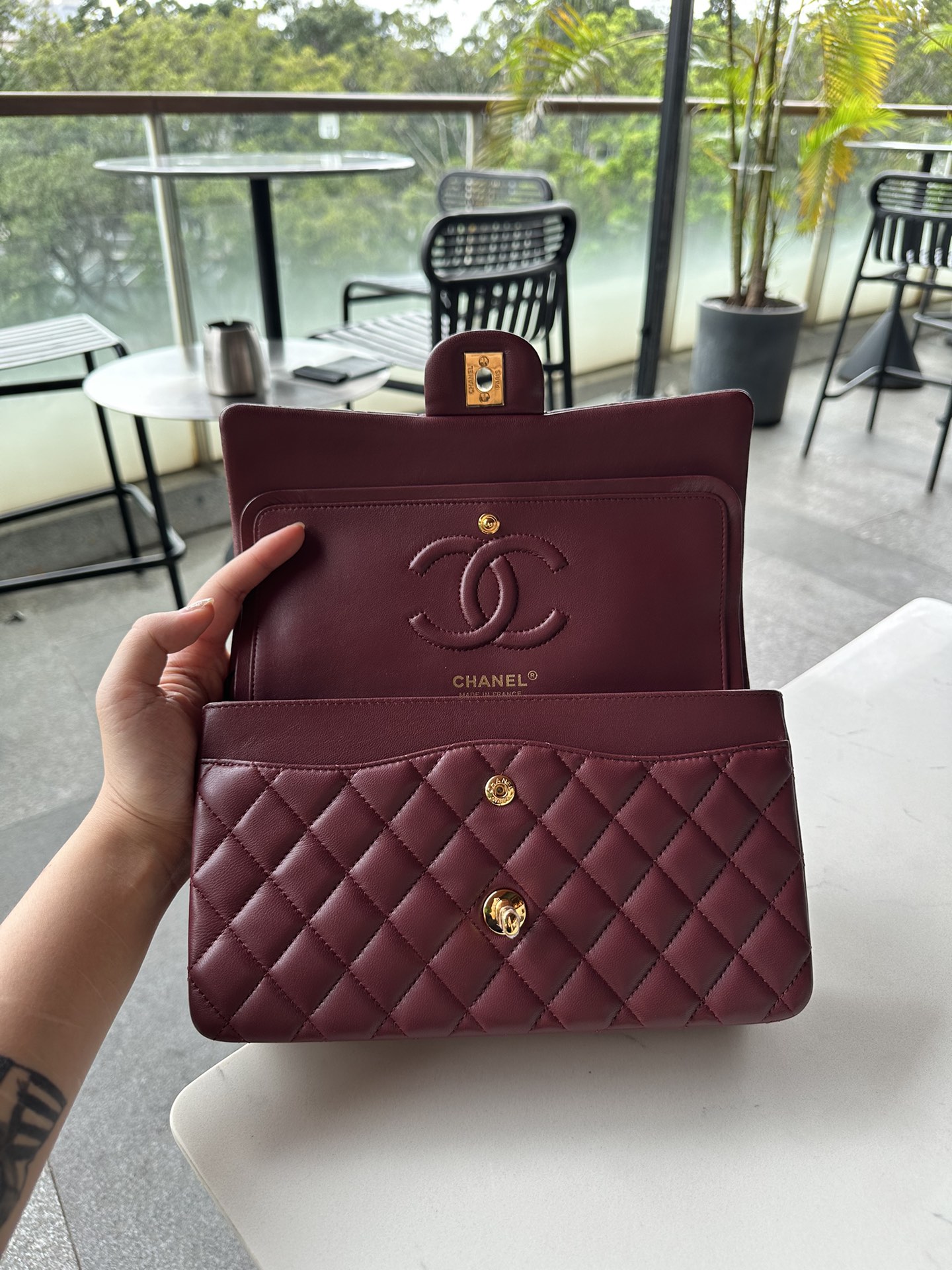 Bagsaaa Ch**el Flap Bag Burgundy Lambskin Gold A01112 - 15.5 × 25.5 × 6.5 cm
