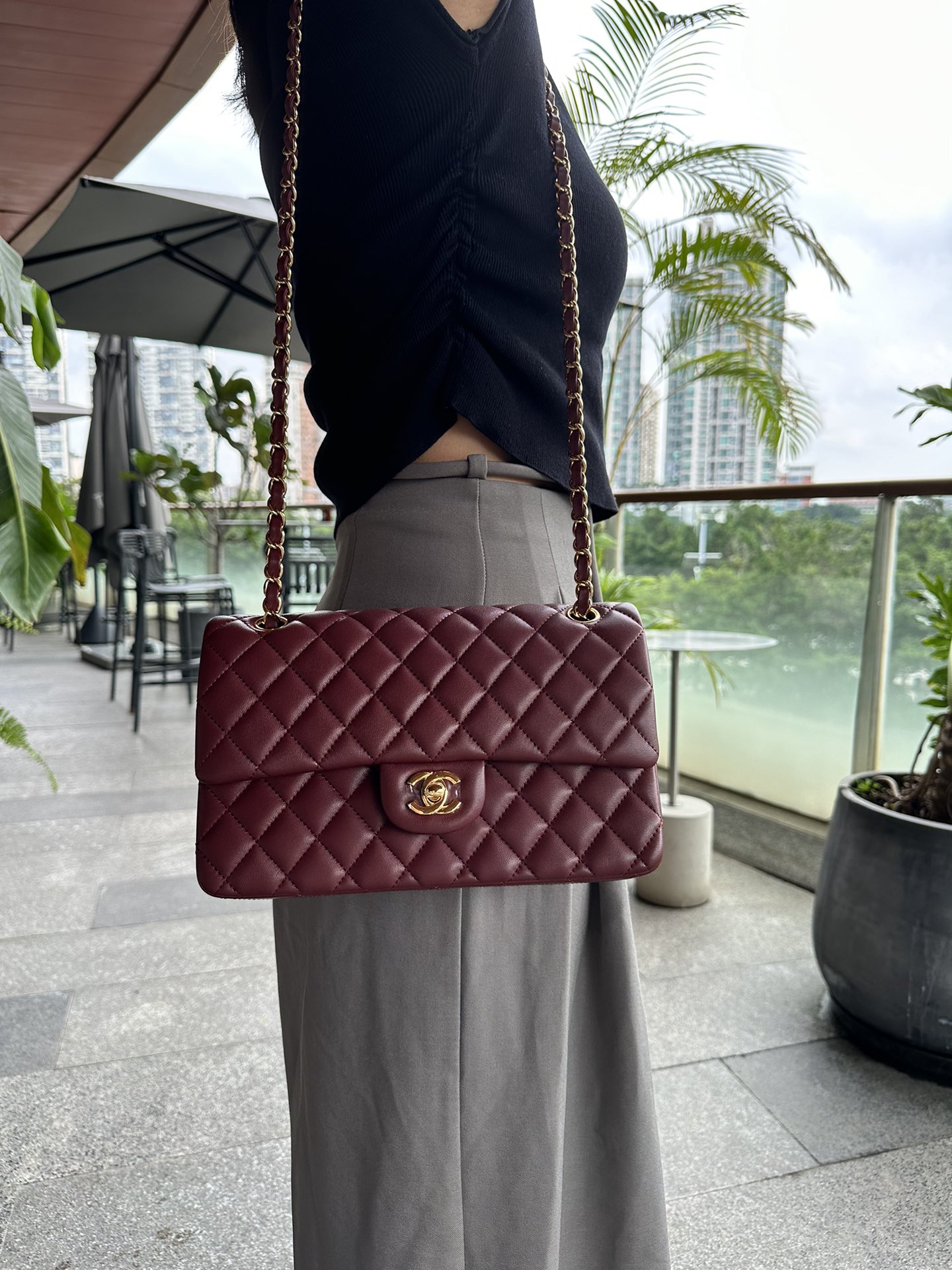 Bagsaaa Ch**el Flap Bag Burgundy Lambskin Gold A01112 - 15.5 × 25.5 × 6.5 cm