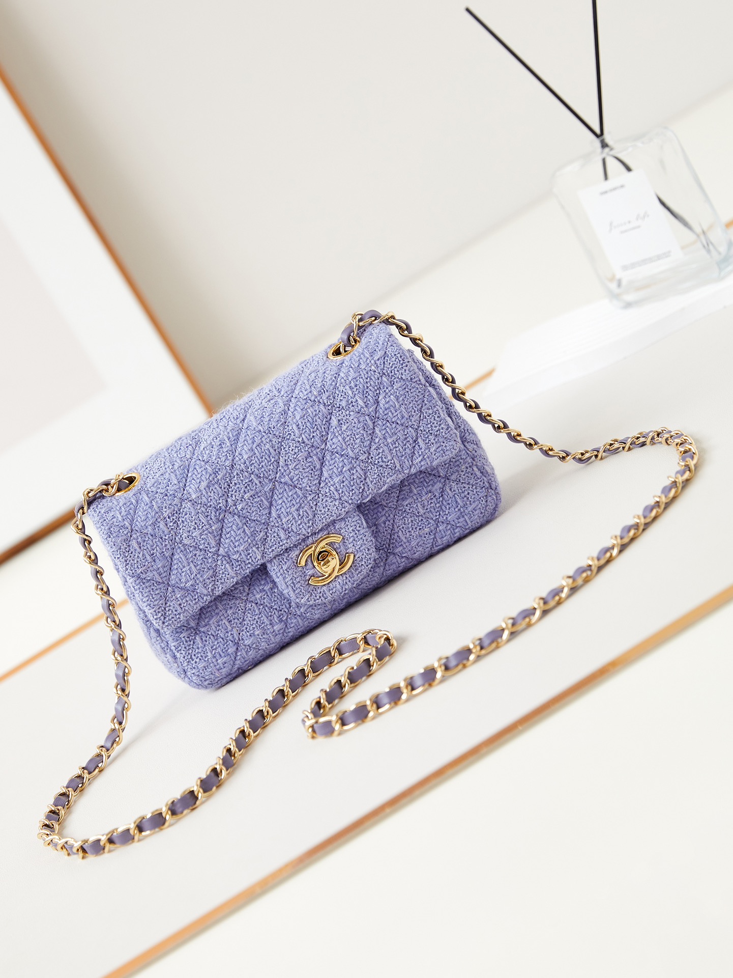 Bagsaaa Ch**el Mini Classic Handbag A69900 Lilac Wool Tweed -12 × 20 × 6 cm