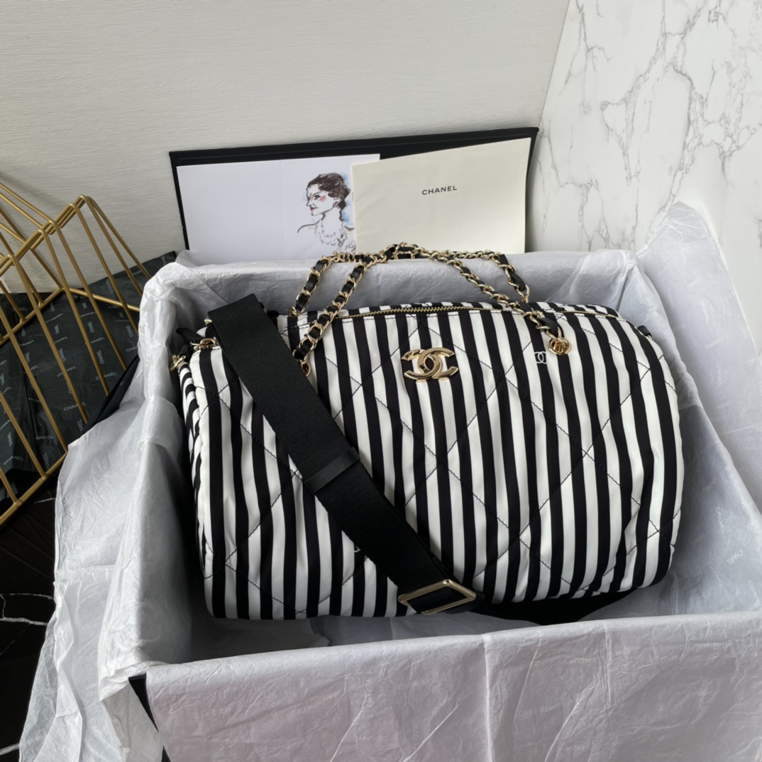 Bagsaaa Ch**el Large Bowling Bag AS4696 White & Black - 20 × 35 × 18 cm