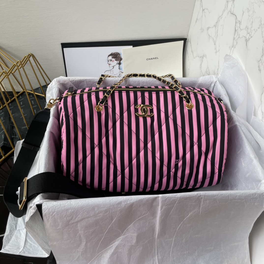 Bagsaaa Ch**el Large Bowling Bag AS4696 Pink & Black - 20 × 35 × 18 cm