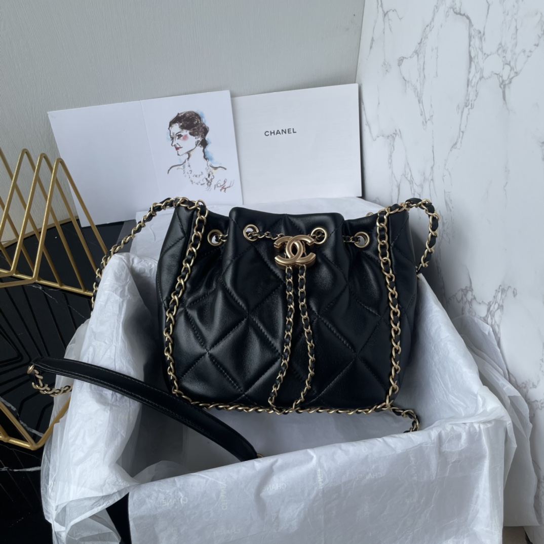 Bagsaaa Ch**el Small Bucket Bag AS5094 Black Lambskin - 17.5 × 18 × 12 cm