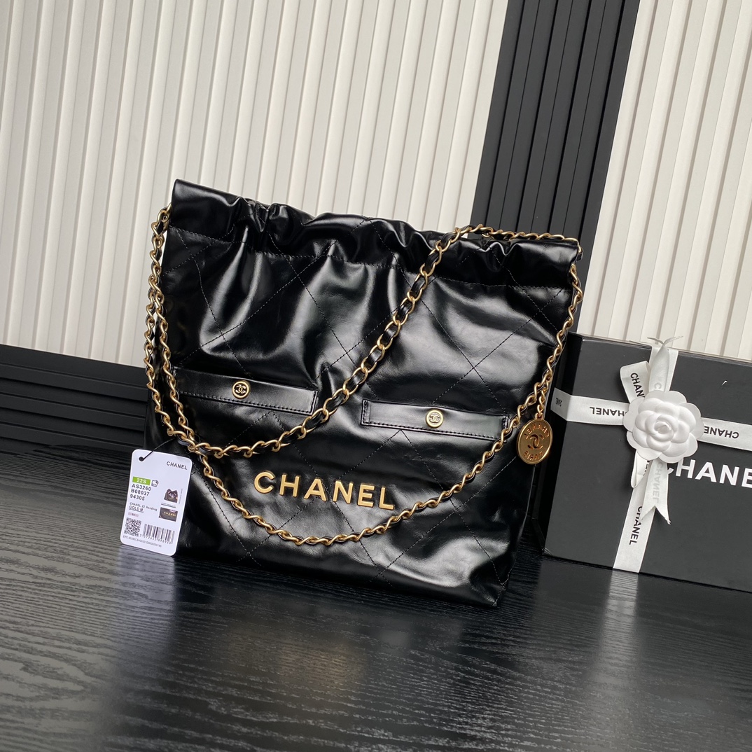 Bagsaaa Ch**el 22 Small Handbag AS3260 Shiny Crumpled Calfskin Black - 35 × 37 × 7 cm