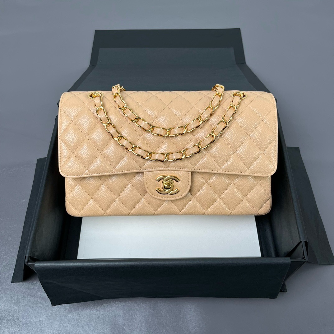 Bagsaaa Ch**el Flap Bag Light Beige Caviar & Gold - 25cm