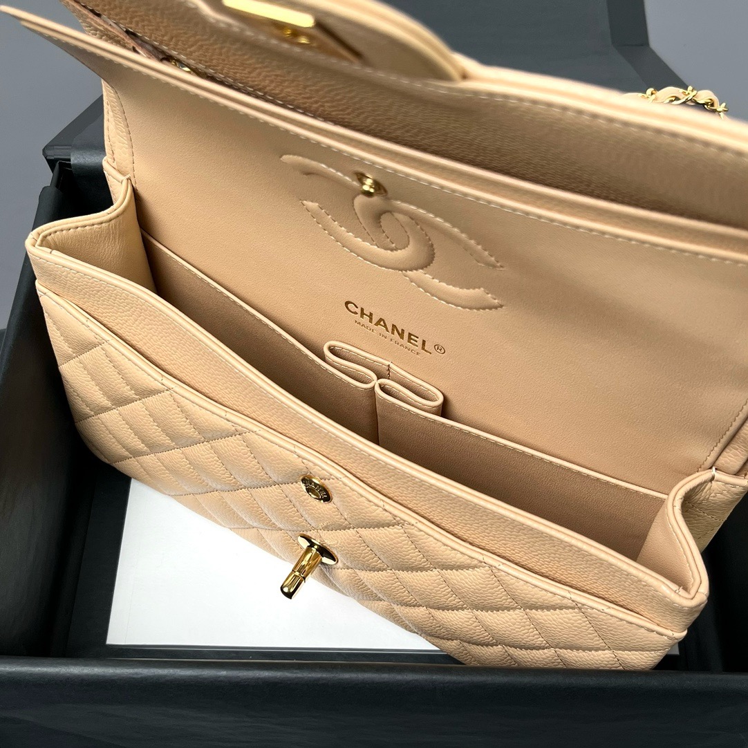 Bagsaaa Ch**el Flap Bag Light Beige Caviar & Gold - 25cm