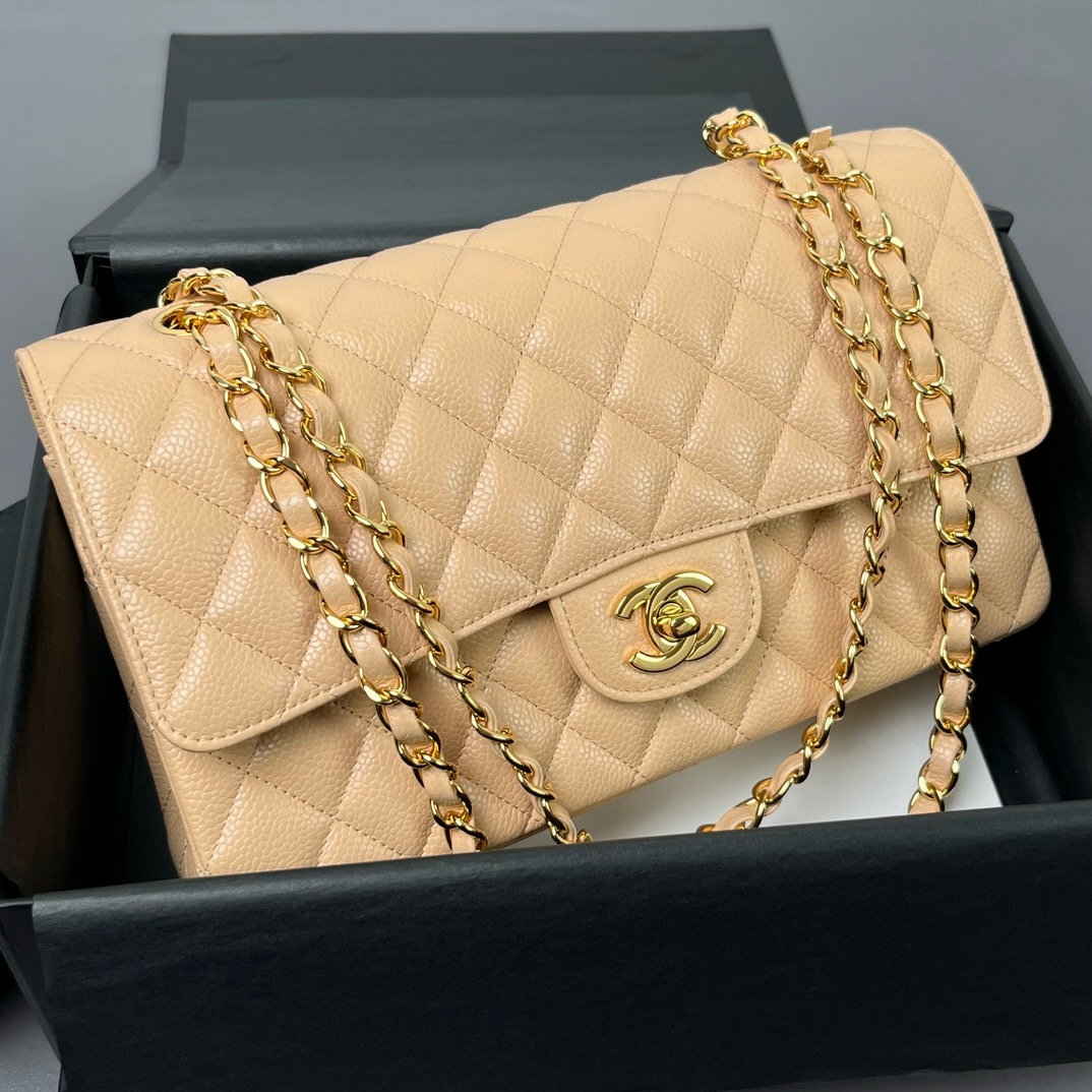 Bagsaaa Ch**el Flap Bag Light Beige Caviar & Gold - 25cm