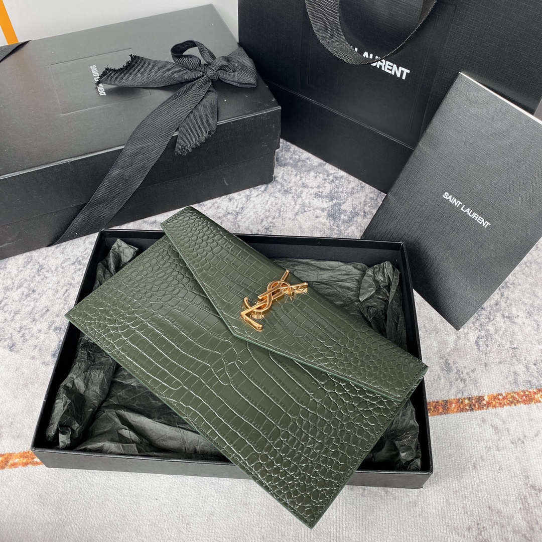 Bagsaaa Y51 Uptown Pouch In Crocodile-Embossed Shiny 565739 Green - 27 x 16 x 2 CM