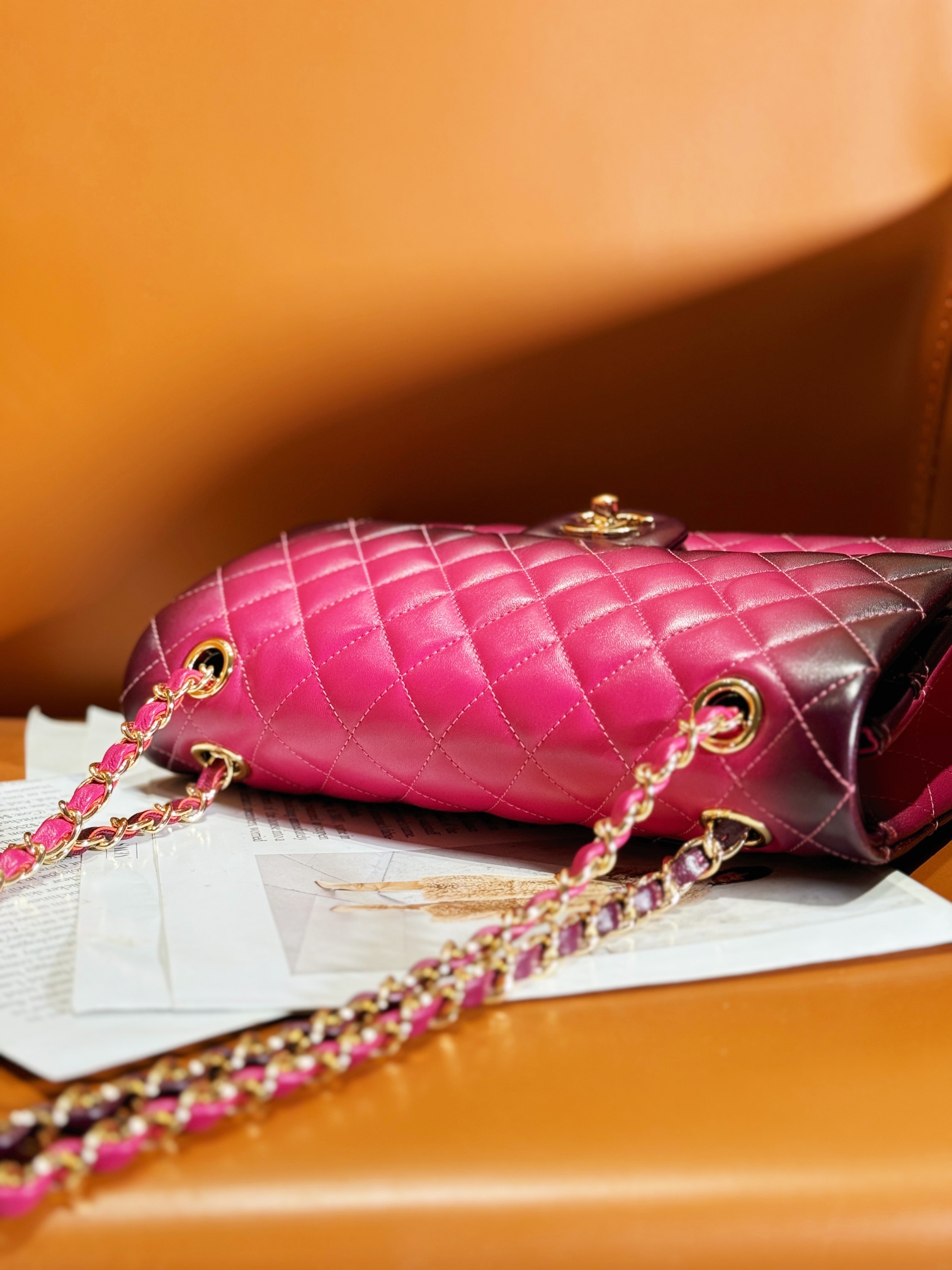 Bagsaaa Ch**el Flap Bag Classic 11.12 Gradient Lambskin Fuchsia A01112 - 15.5 × 25.5 × 6.5 cm