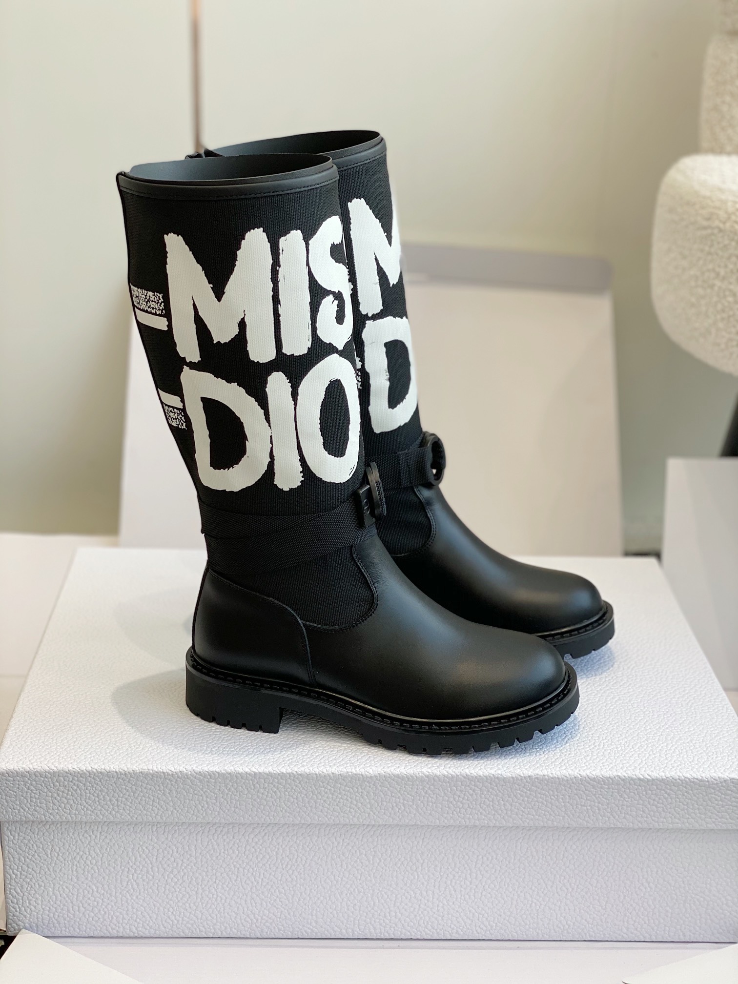 Bagsaaa D10r D-Major Boot Black Technical Fabric with White Miss D10r Graffiti Print and Black Calfskin