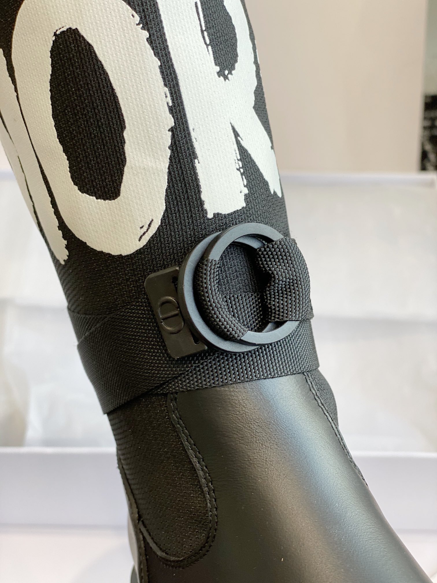 Bagsaaa D10r D-Major Boot Black Technical Fabric with White Miss D10r Graffiti Print and Black Calfskin