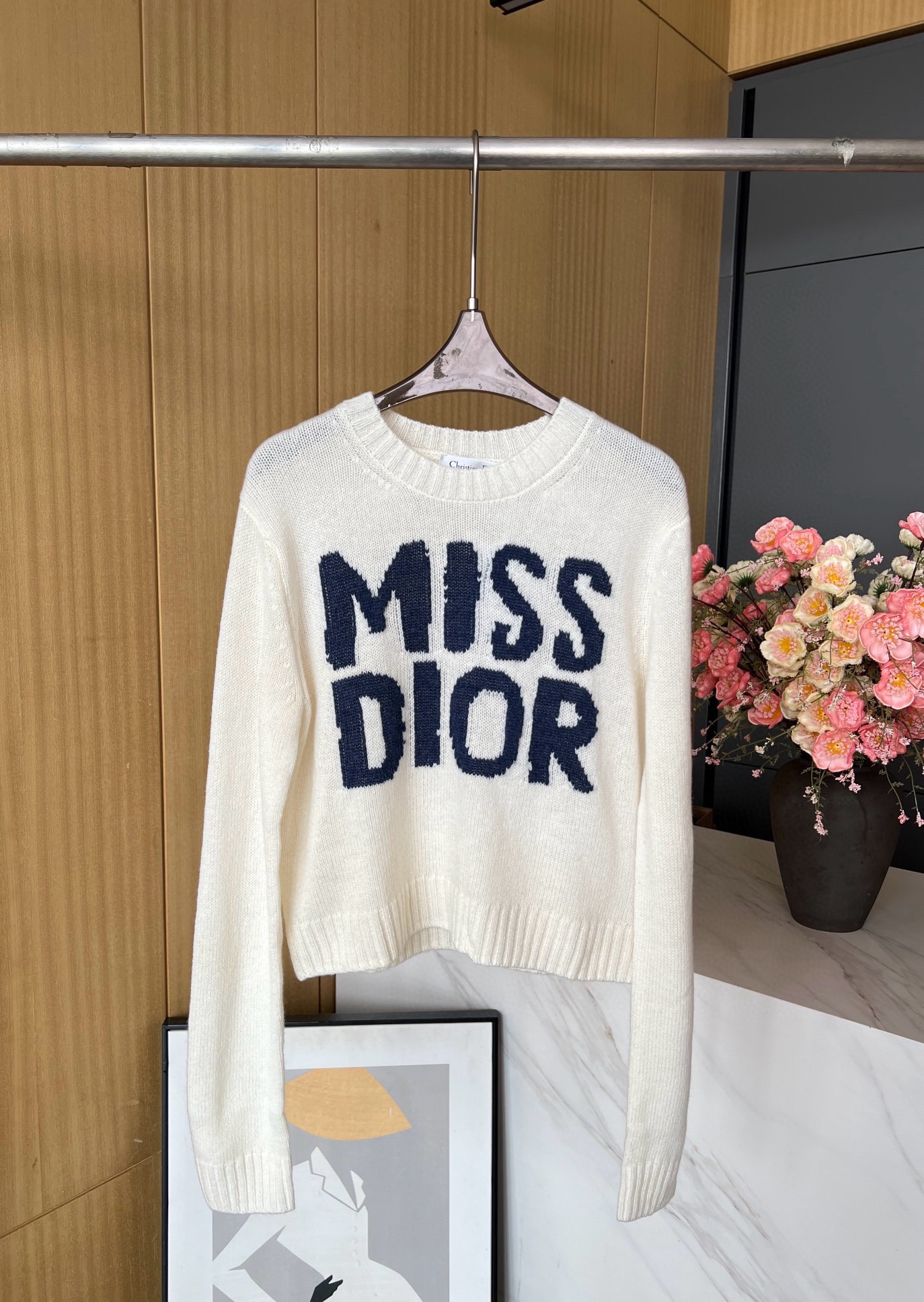 Bagsaaa D10r Sweater Ecru Cashmere and Silk Knit with Blue Miss D10r Graffiti Motif