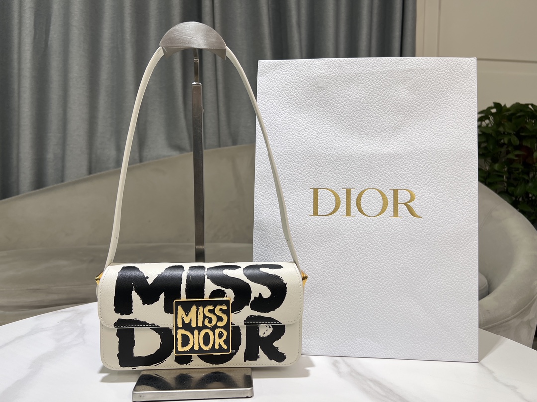 Bagsaaa Miss D10r Flap Bag White and Black Miss D10r Graffiti Printed Calfskin - 22 x 11 x 6 cm