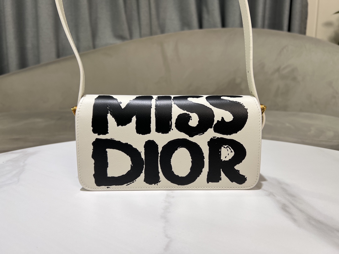 Bagsaaa Miss D10r Flap Bag White and Black Miss D10r Graffiti Printed Calfskin - 22 x 11 x 6 cm