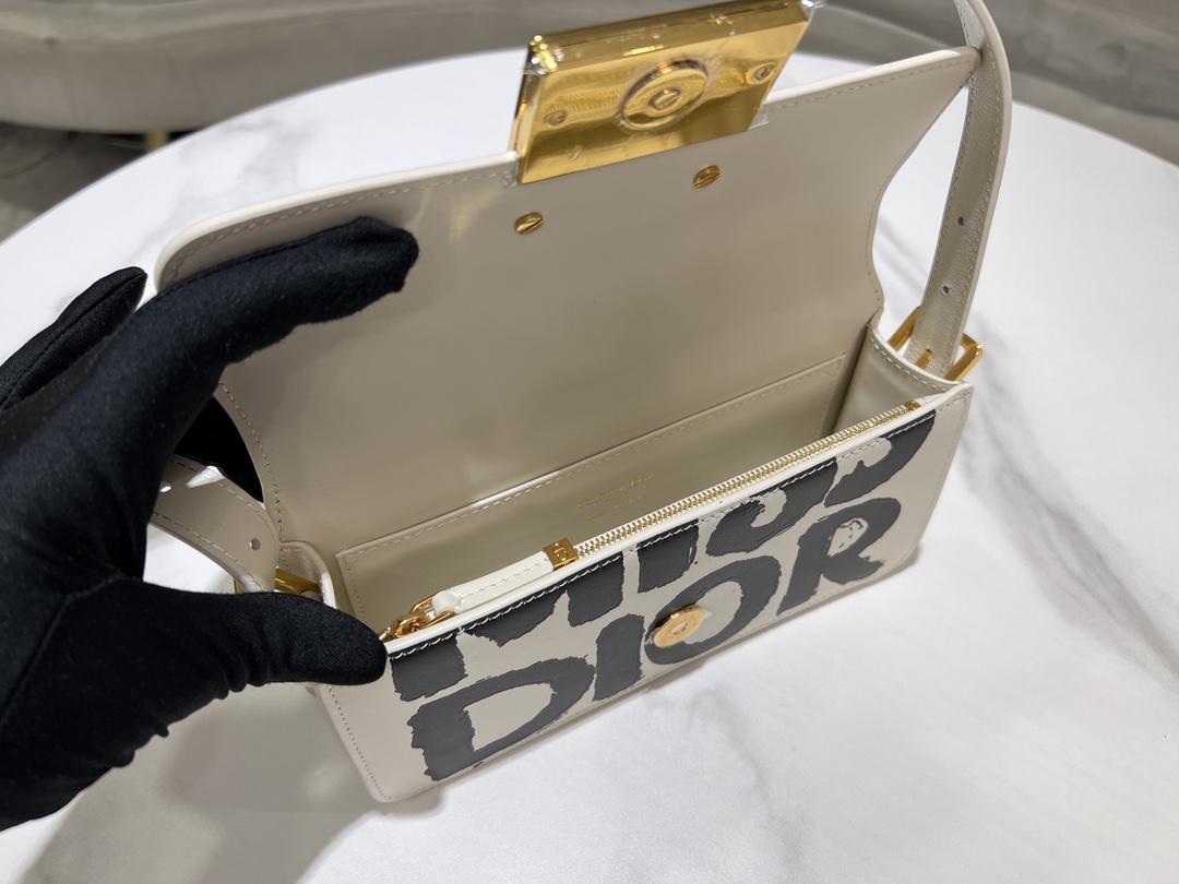 Bagsaaa Miss D10r Flap Bag White and Black Miss D10r Graffiti Printed Calfskin - 22 x 11 x 6 cm
