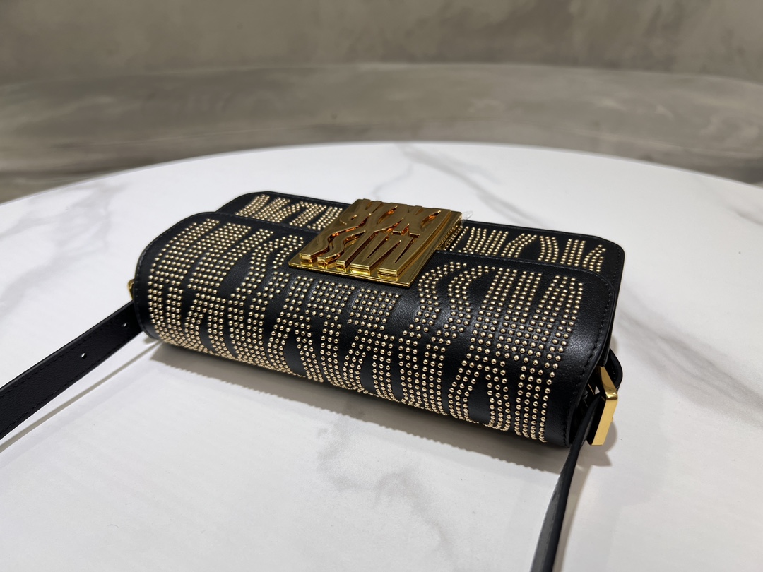 Bagsaaa Miss D10r Flap Bag Black Miss D10r Allover Calfskin with Gold-Finish Studs - 22 x 11 x 6 cm