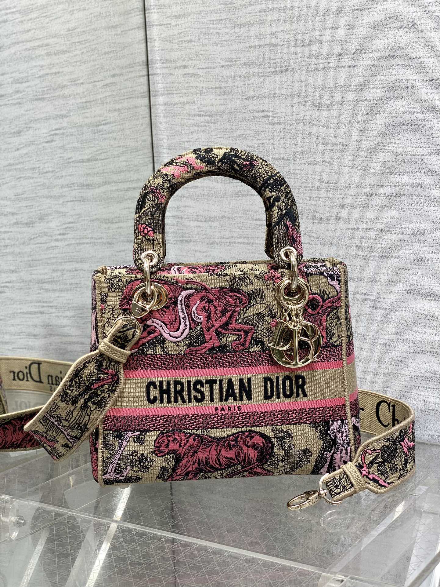 Bagsaaa D10r Medium D10riviera Lady D-Lite Bag Raffia with Candy Pink Toile de Jouy Sauvage Embroidery - 24 x 21 x 12 cm