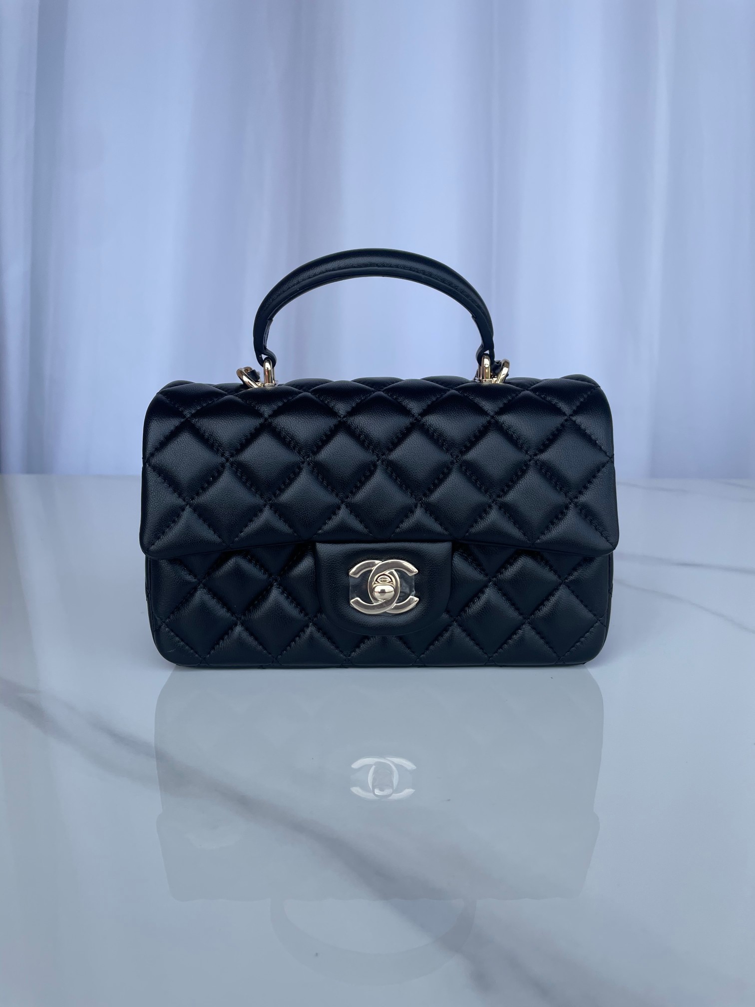Bagsaaa Ch**el Mini Classic Handbag With Top Handle AS2431 Black - 12 × 20 × 6 cm