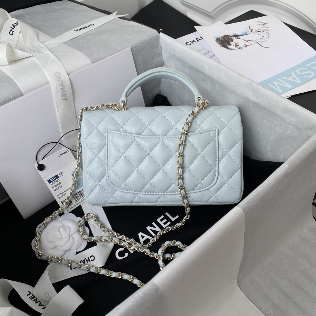 Bagsaaa Ch**el Mini Classic Handbag With Top Handle AS2431 Light Blue - 12 × 20 × 6 cm