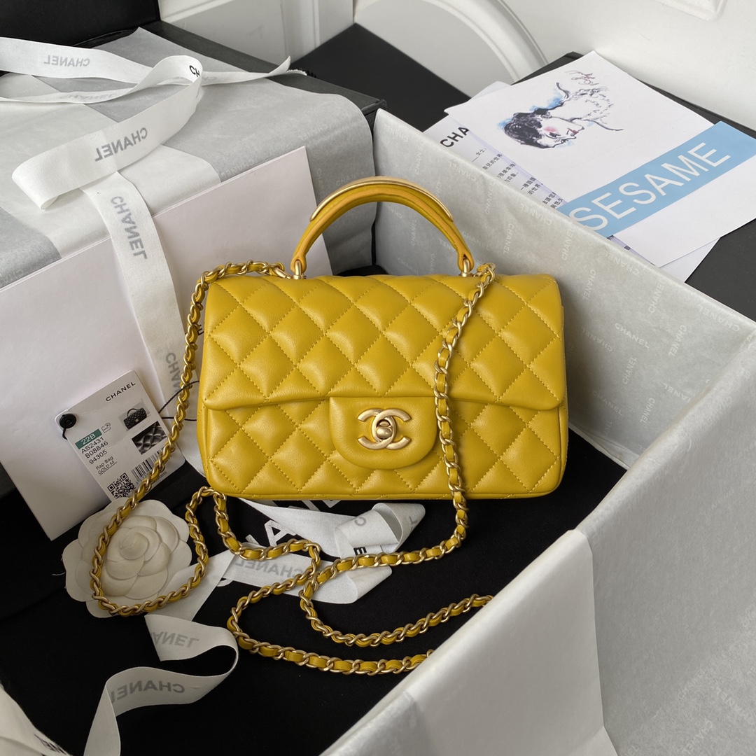 Bagsaaa Ch**el Mini Classic Handbag With Top Handle AS2431 Yellow - 12 × 20 × 6 cm