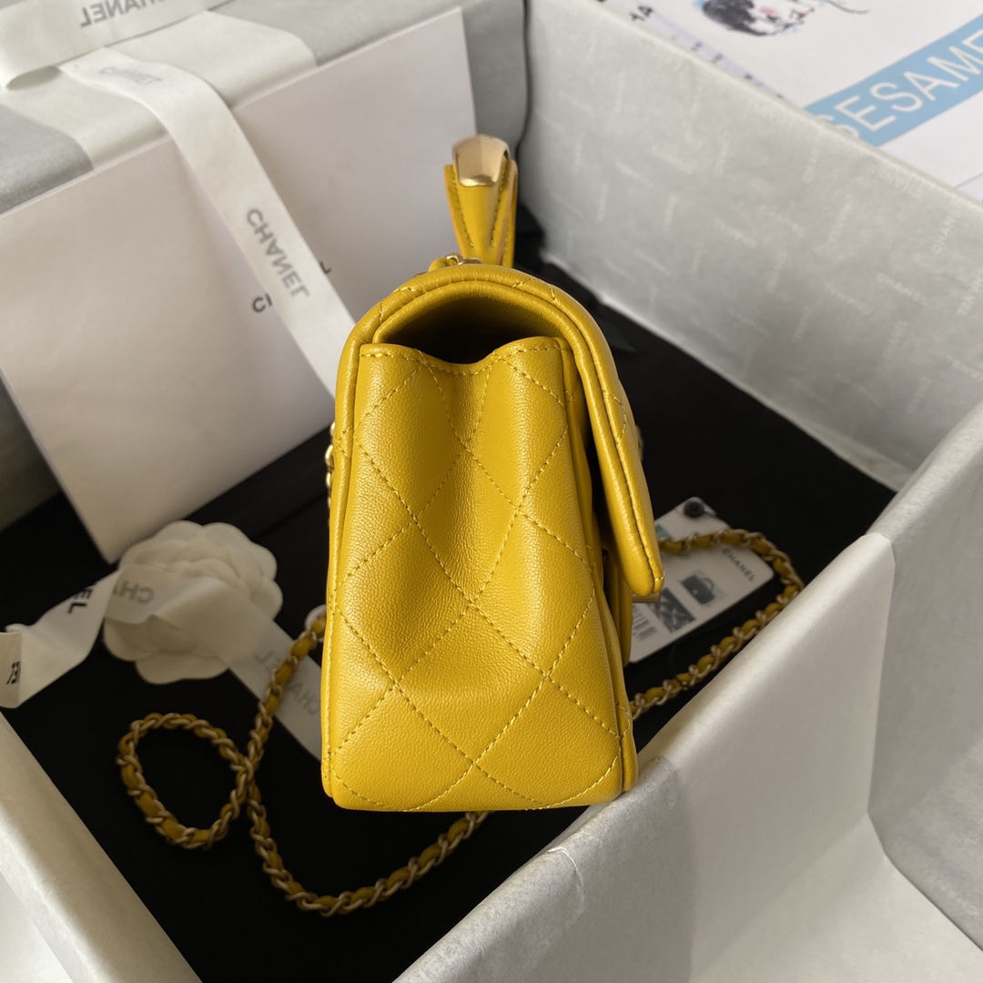 Bagsaaa Ch**el Mini Classic Handbag With Top Handle AS2431 Yellow - 12 × 20 × 6 cm