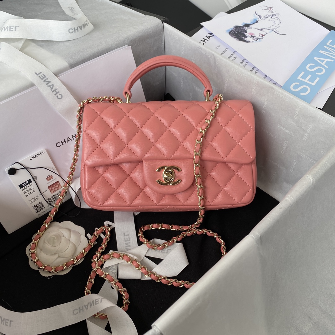 Bagsaaa Ch**el Mini Classic Handbag With Top Handle AS2431 Pink - 12 × 20 × 6 cm