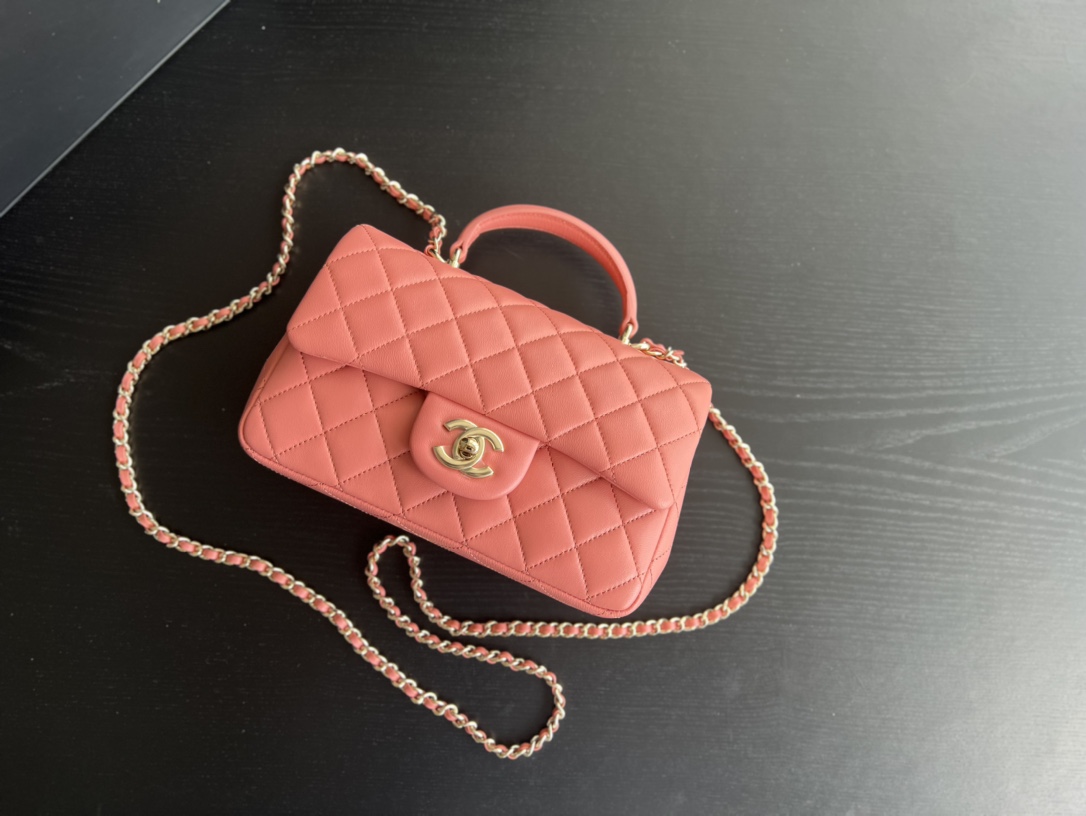 Bagsaaa Ch**el Mini Classic Handbag With Top Handle AS2431 Pink - 12 × 20 × 6 cm