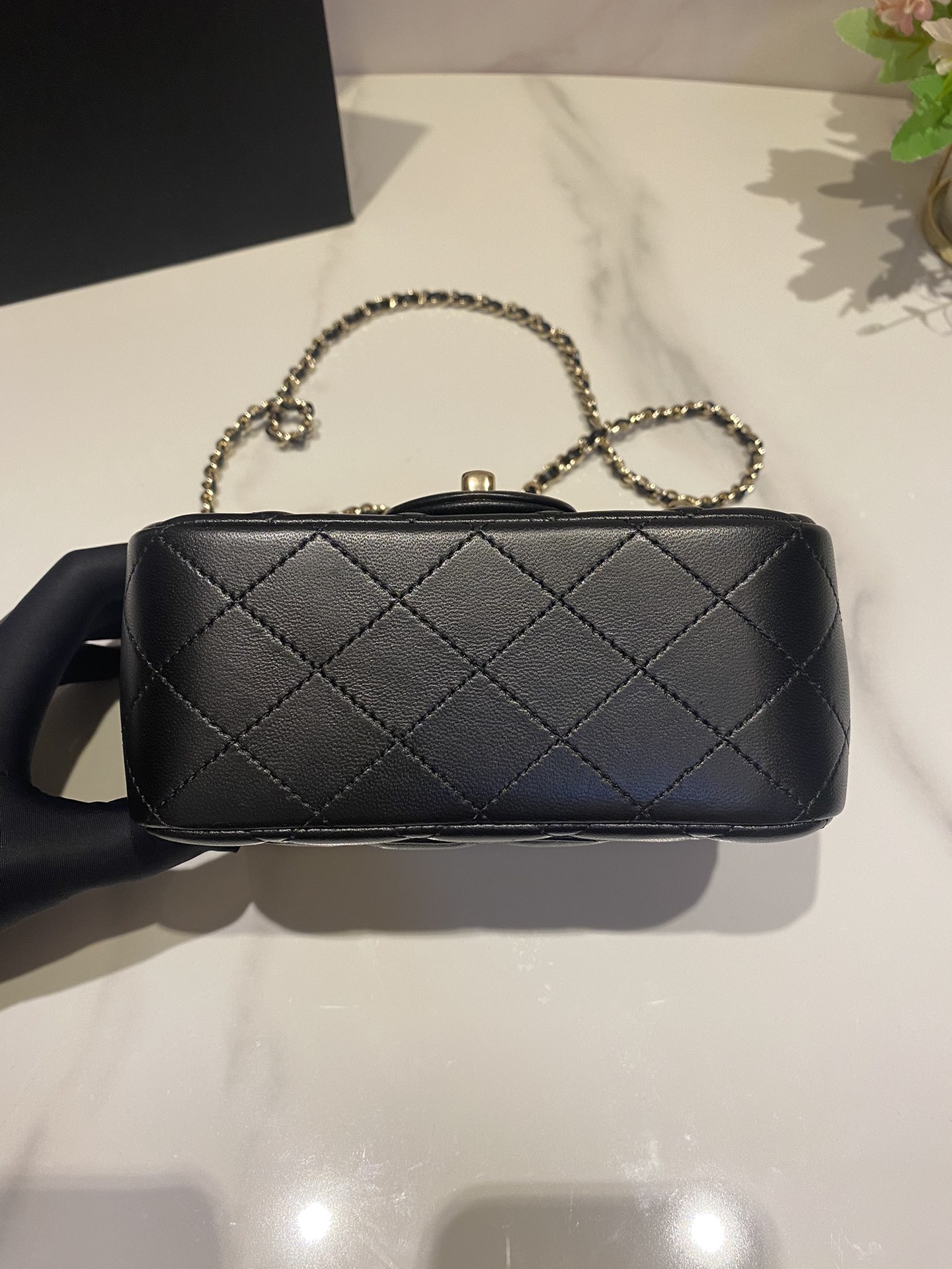 Bagsaaa Ch**el Mini Square Flap Bag Black Lambskin Pearl Crush Ball AS1786 - 13×17×7cm