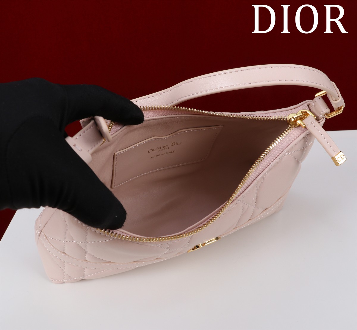 Bagsaaa D10r Miss Caro Mini Hobo Shoulder Bag Powder Pink Macrocannage Lambskin - 24 x 14 x 6.5 cm