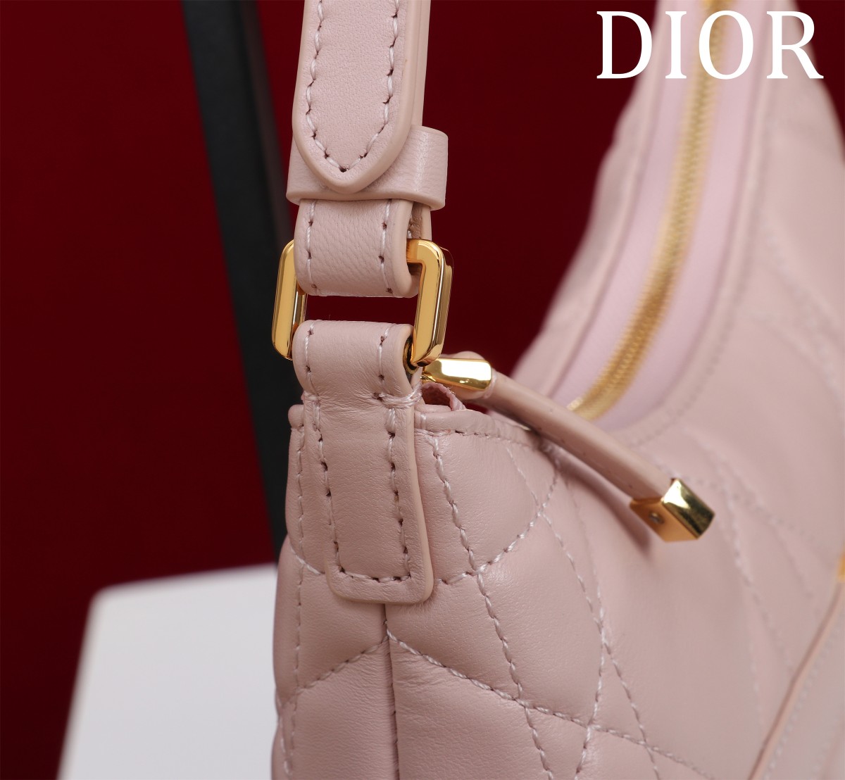 Bagsaaa D10r Miss Caro Mini Hobo Shoulder Bag Powder Pink Macrocannage Lambskin - 24 x 14 x 6.5 cm