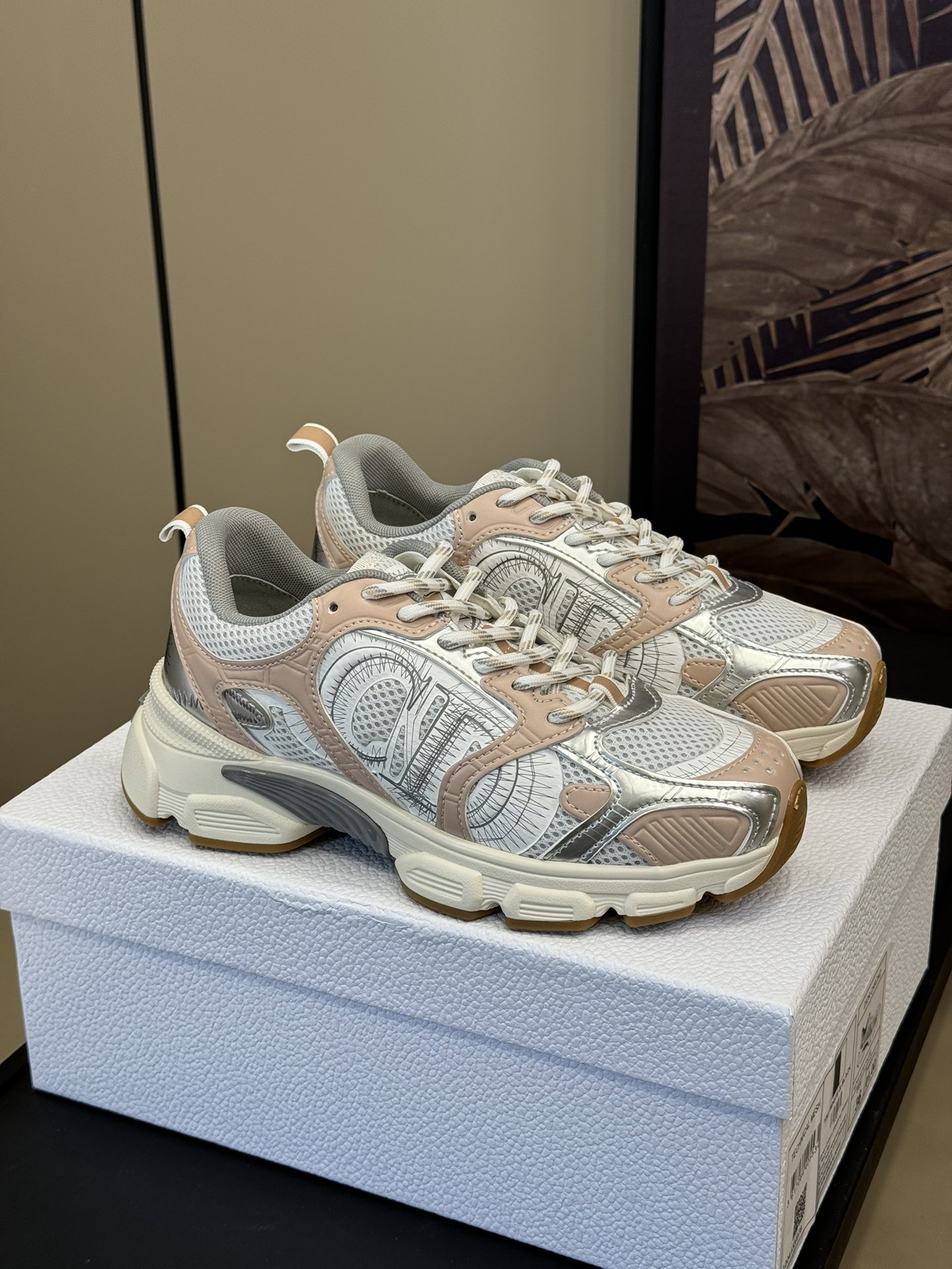 Bagsaaa D10r Chrono Sneaker White Mesh with Nude and Silver-Tone Laminated Leather-Effect Panels