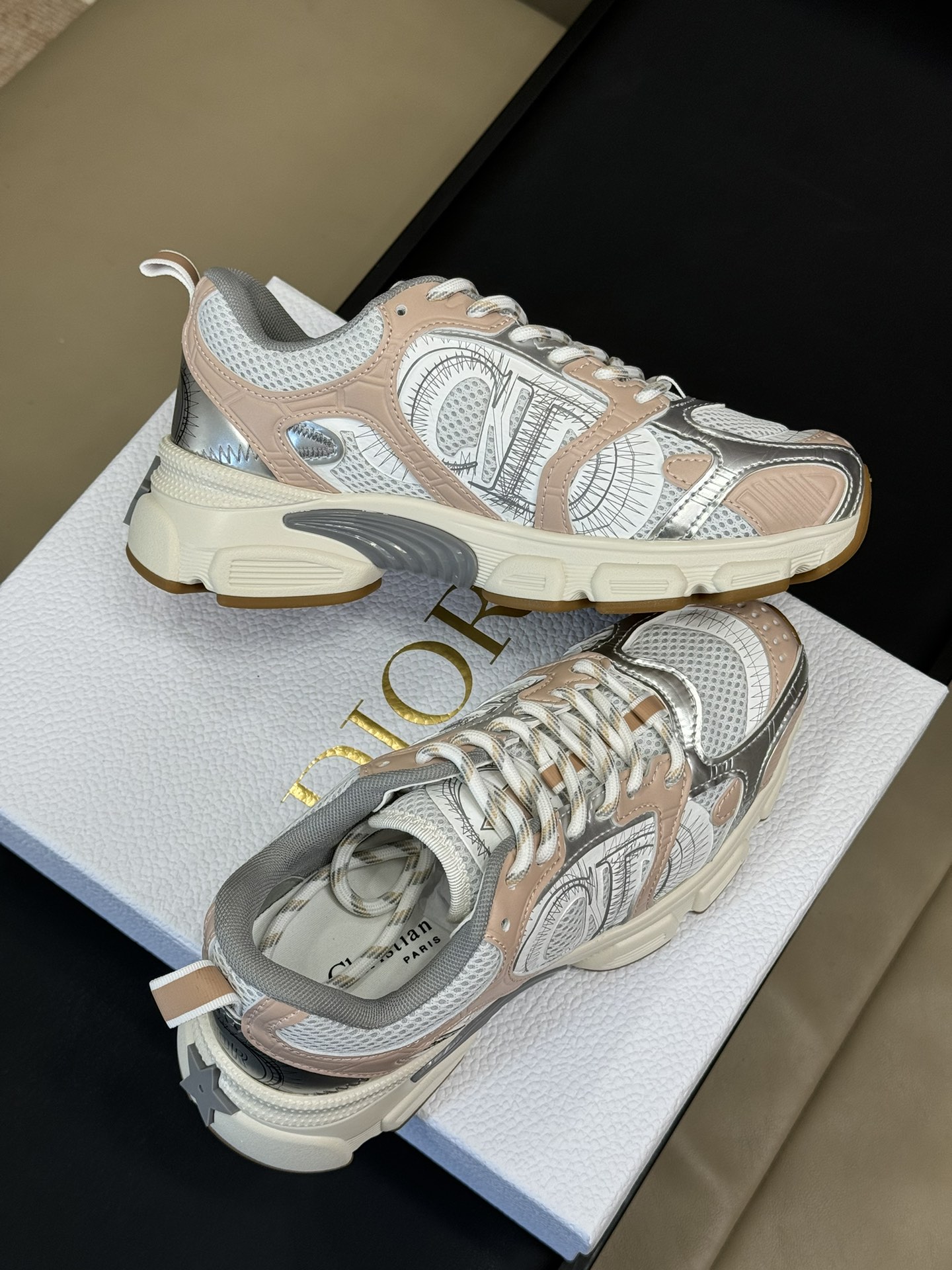 Bagsaaa D10r Chrono Sneaker White Mesh with Nude and Silver-Tone Laminated Leather-Effect Panels