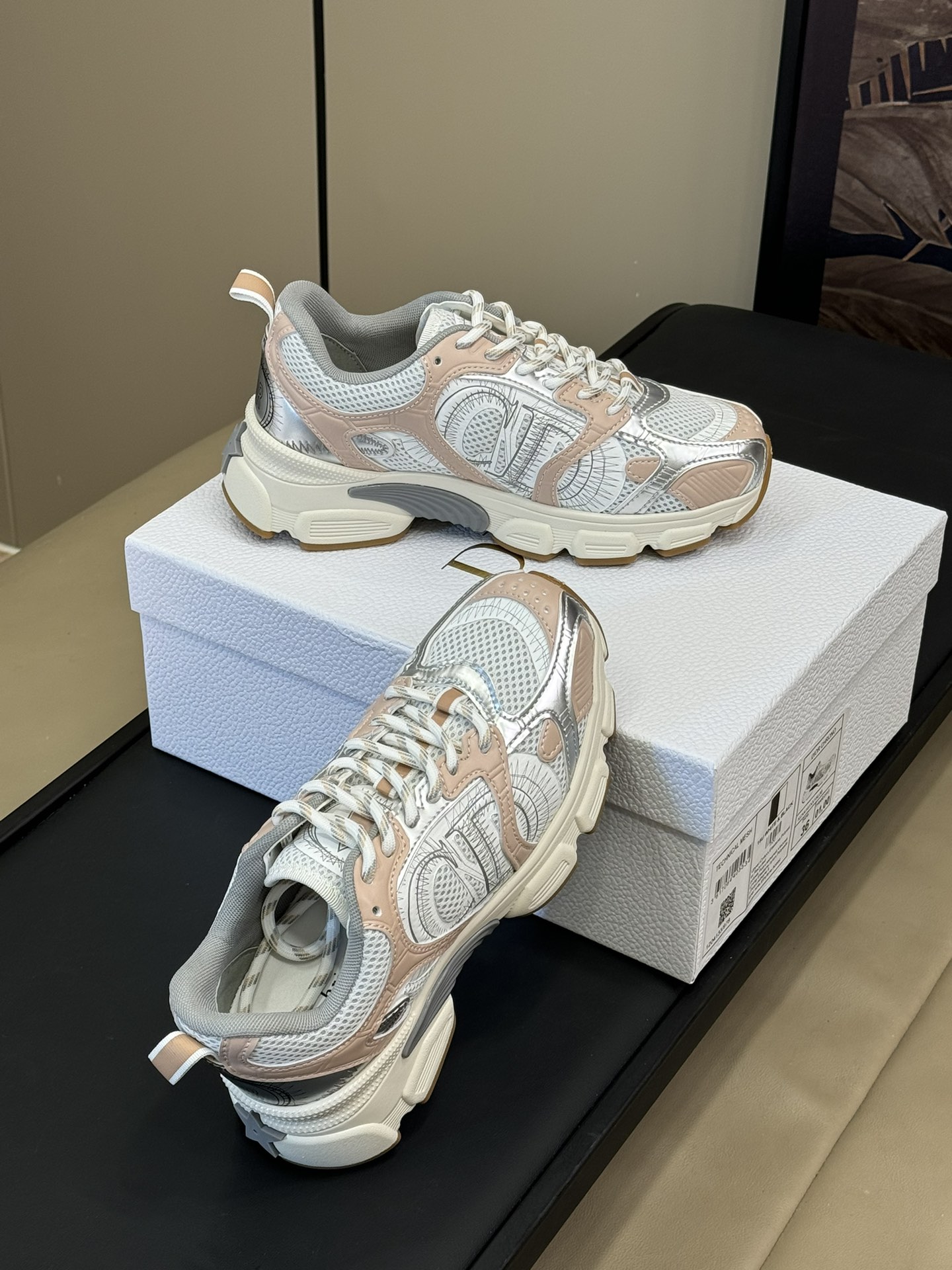 Bagsaaa D10r Chrono Sneaker White Mesh with Nude and Silver-Tone Laminated Leather-Effect Panels